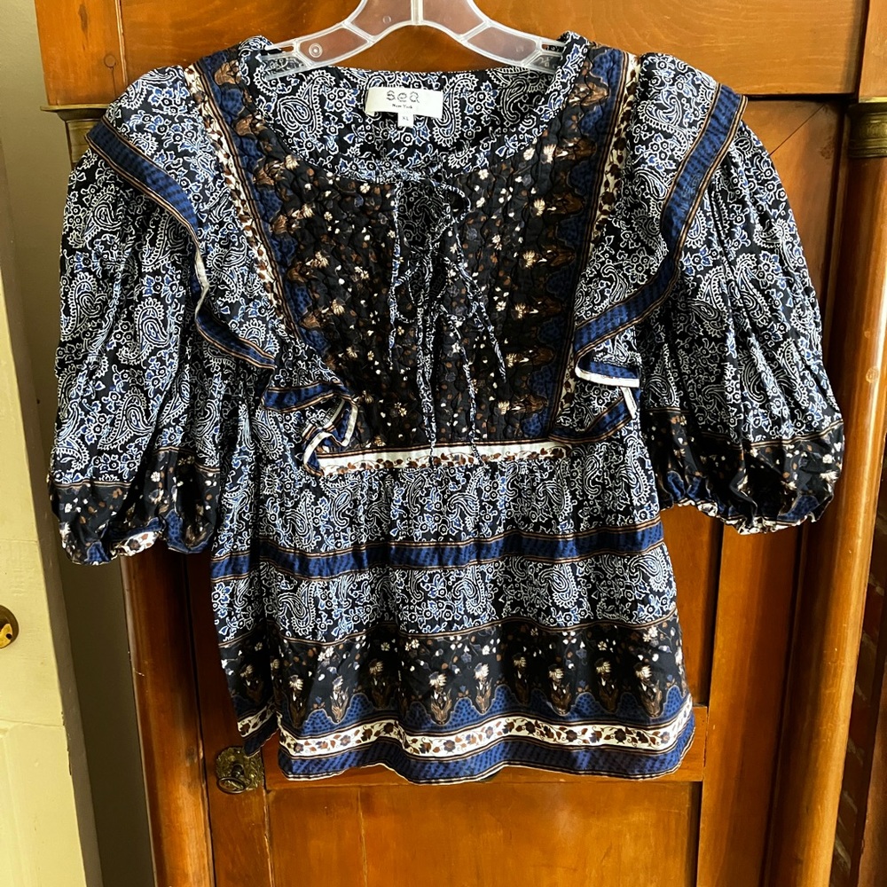Sea New York Black and Blue boho ruffle top Sz XL